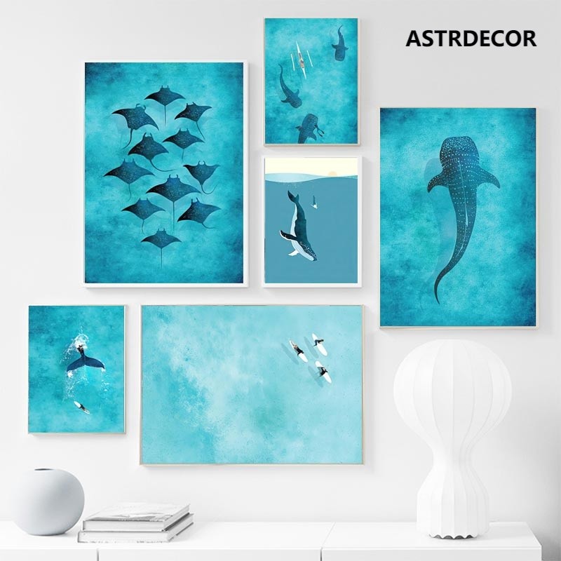 โปสเตอร์ภาพวาดผ้าใบ รูปปลาวาฬ ปลาฉลาม Manta Rays Surf Sea สีฟ้า สําหรับตกแต่งผนัง ห้องนั่งเล่น