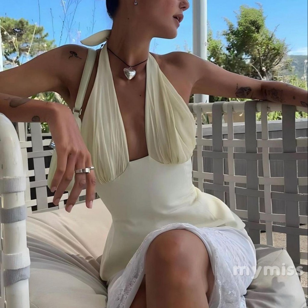 Mymiss1-เสื้อกล้ามแฟชั่นฤดูร้อนสําหรับผู้หญิงสีทึบbackless Halter Neck Ruched Tops