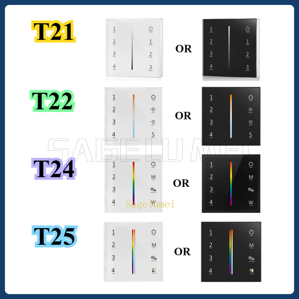 T21 T22 T24 T25 4 ZONE Dimming / CCT / RGB / RGBW / RGBCCT คอนโทรลเลอร์แผงสัมผัสกระจกติดผนังใช้กับแบ