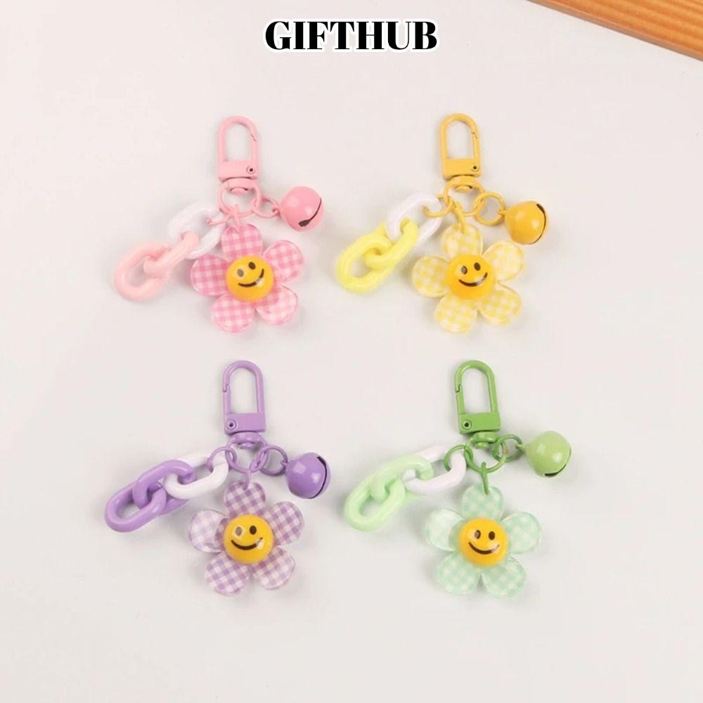 GIFTHUB ของขวัญฮับ ยิ้มดวงอาทิตย์ดอกไม้จี้,อะคริลิกับระฆังยิ้มดวงอาทิตย์ดอกไม้พวงกุญแจ,ตลกแขวนเครื่องประดับการ์ตูนรถที่สําคัญแหวนกระเป๋าอุปกร