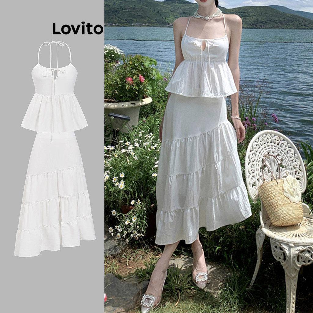 Lovito ชุดกระโปรง แต่งระบายด้านหน้า แบบเรียบ สไตล์โบโฮ สําหรับผู้หญิง LBA79056