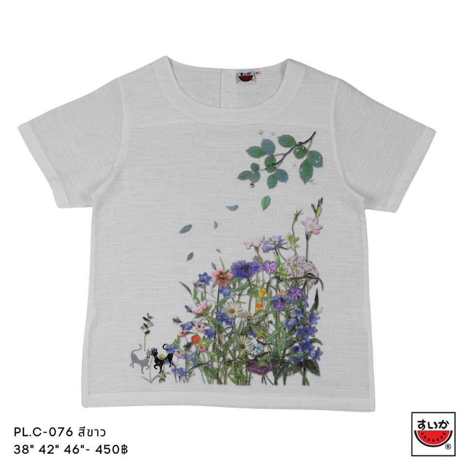 แตงโม (SUIKA) - เสื้อแตงโม คอปาดแขนสั้น ผ้าสลาฟ พิมพ์ลายดอกไม้ ( PL.C-076 084 093 118 124 125 156 127 )