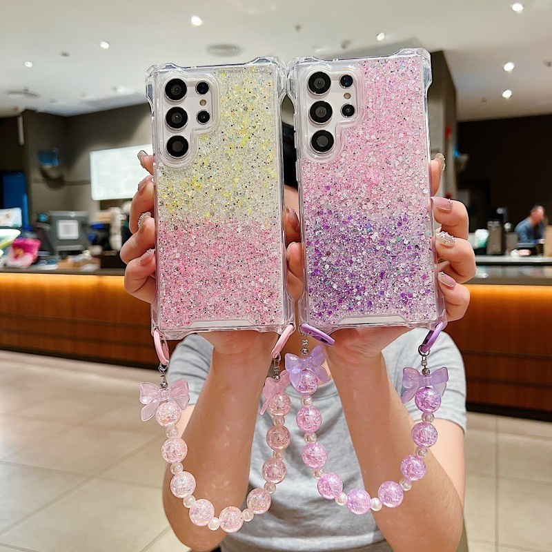 SAMSUNG หรูหราหยดgradient Glitterสี่มุมถุงลมนิรภัยAnti-Dropเคสโทรศัพท์พร้อมสร้อยข้อมือสําหรับSamsung S24FE S24 S23 Ultra Plus S23 FE A55 A15 A54 กันกระแทกฝาครอบกันชนแข็ง