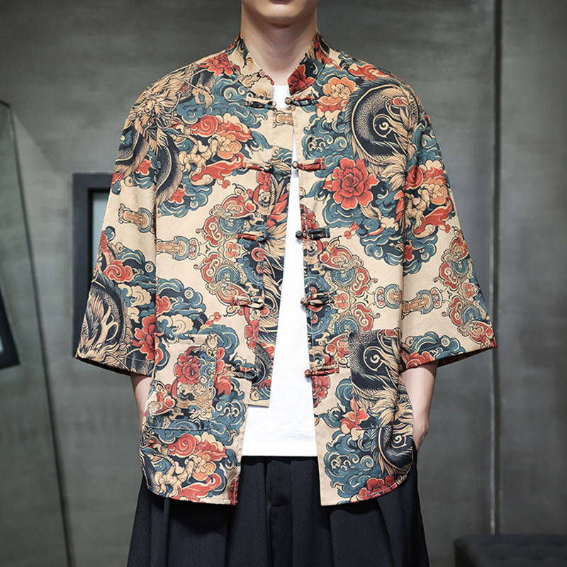 เสื้อเชิ้ตแขนสั้น ผ้าเรยอน แบบบาง พิมพ์ลาย สไตล์จีน แฟชั่นฤดูร้อน สําหรับผู้ชาย