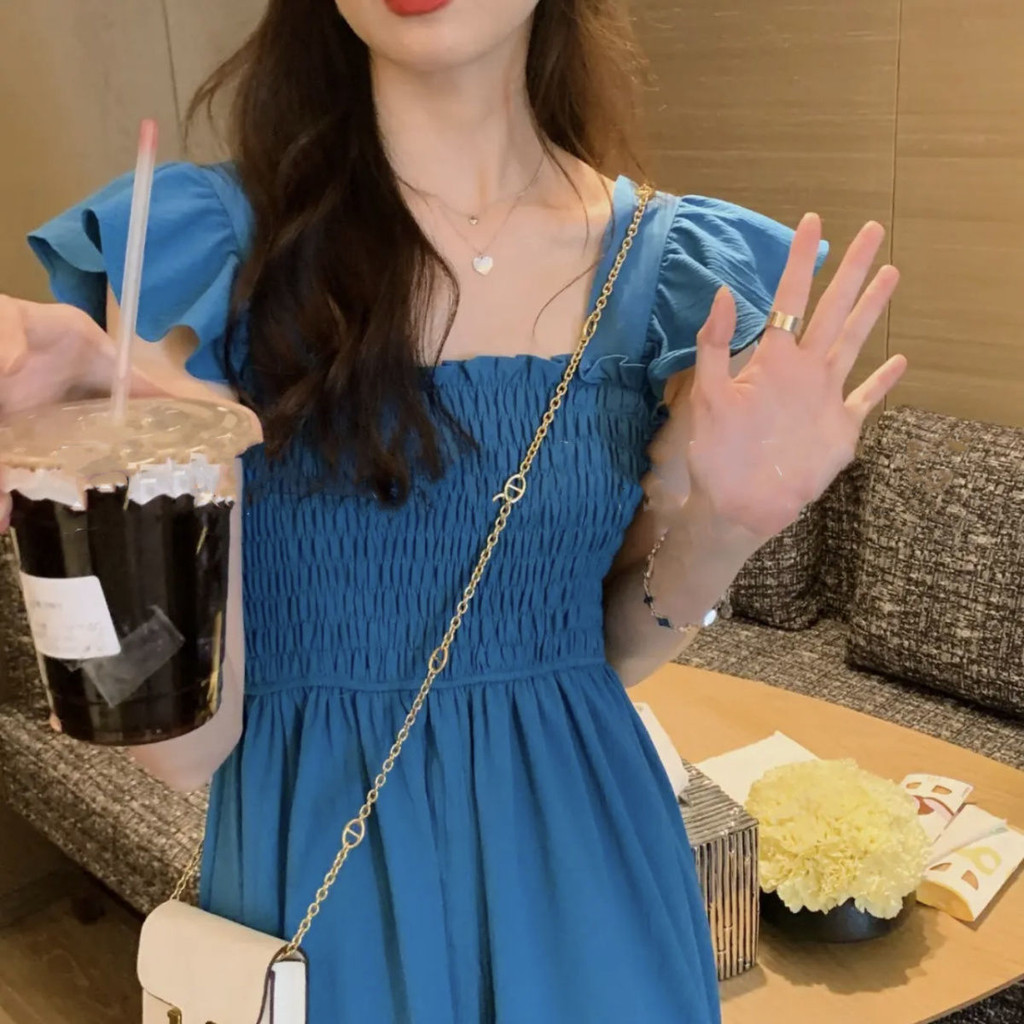 ชุดเดรสกระโปรง ความยาวปานกลาง คอสี่เหลี่ยม แขนพอง จับจีบ เก็บเอว สไตล์เฮปเบิร์น ฝรั่งเศส สําหรับสตรี 0PN