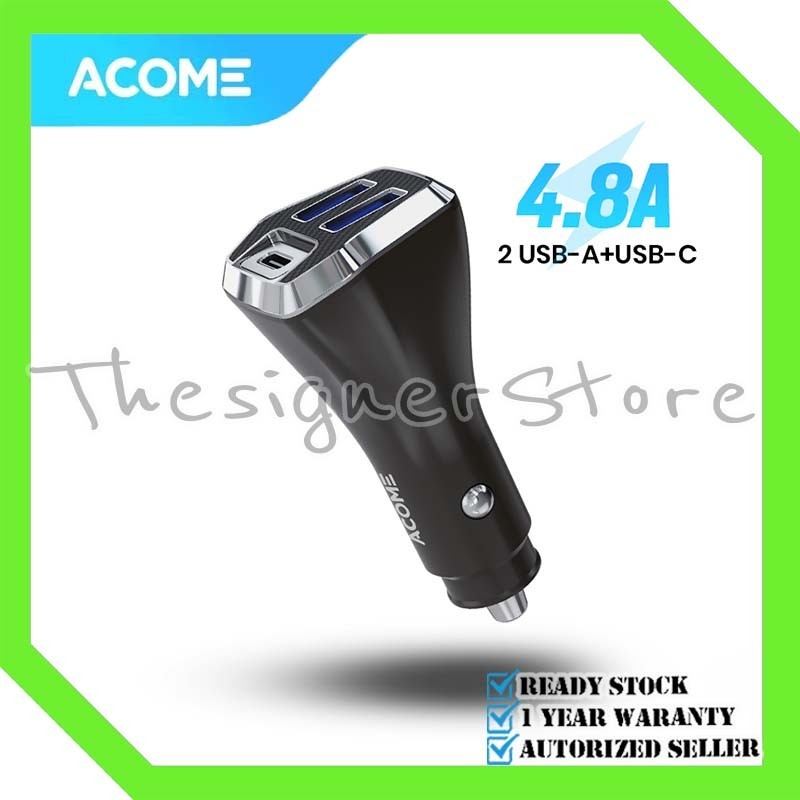 Acome ACC07 ที่ชาร์จในรถยนต์ พอร์ตคู่ USB-A USB-C 4.8A QC3.0 ปลั๊กเสียบในรถยนต์ รองรับการชาร์จอย่างรวดเร็ว - รับประกันอย่างเป็นทางการ 1 ปี