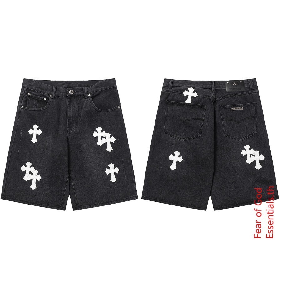 กางเกงยีนขาสั้น ห้าส่วน หนังเทียม ปักลาย ทรงหลวม ขนาดใหญ่ สไตล์สตรีท สําหรับผู้ชาย และผู้หญิง