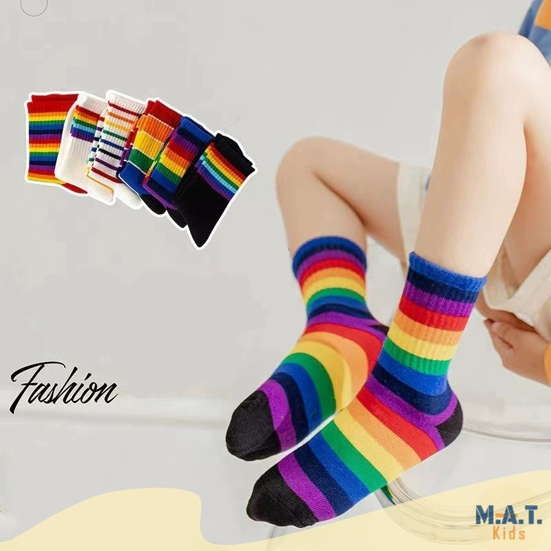 ถุงเท้าเด็ก แถบสีรุ้ง ข้อกลาง สำหรับอายุ 1-8ขวบ พร้อมส่งจากไทย