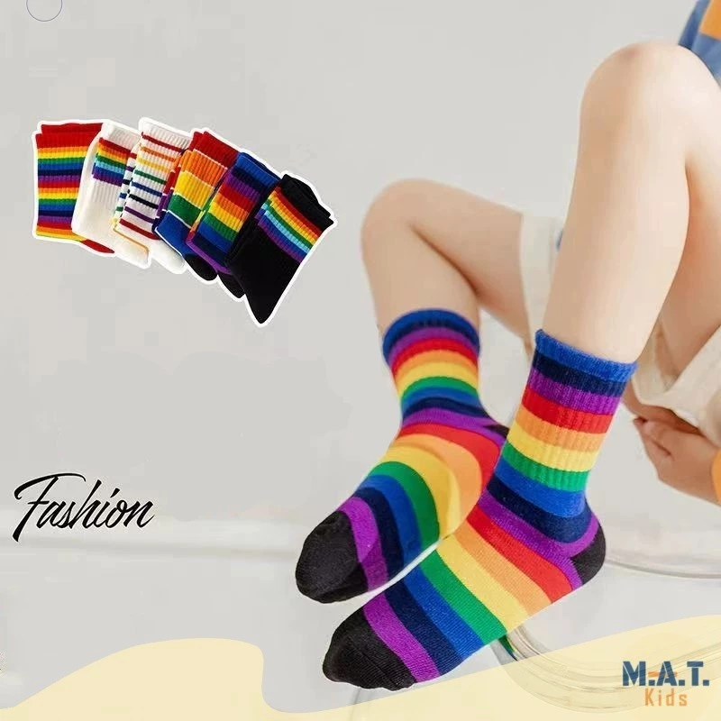 ถุงเท้าเด็ก แถบสีรุ้ง ข้อกลาง สำหรับอายุ 1-8ขวบ พร้อมส่งจากไทย