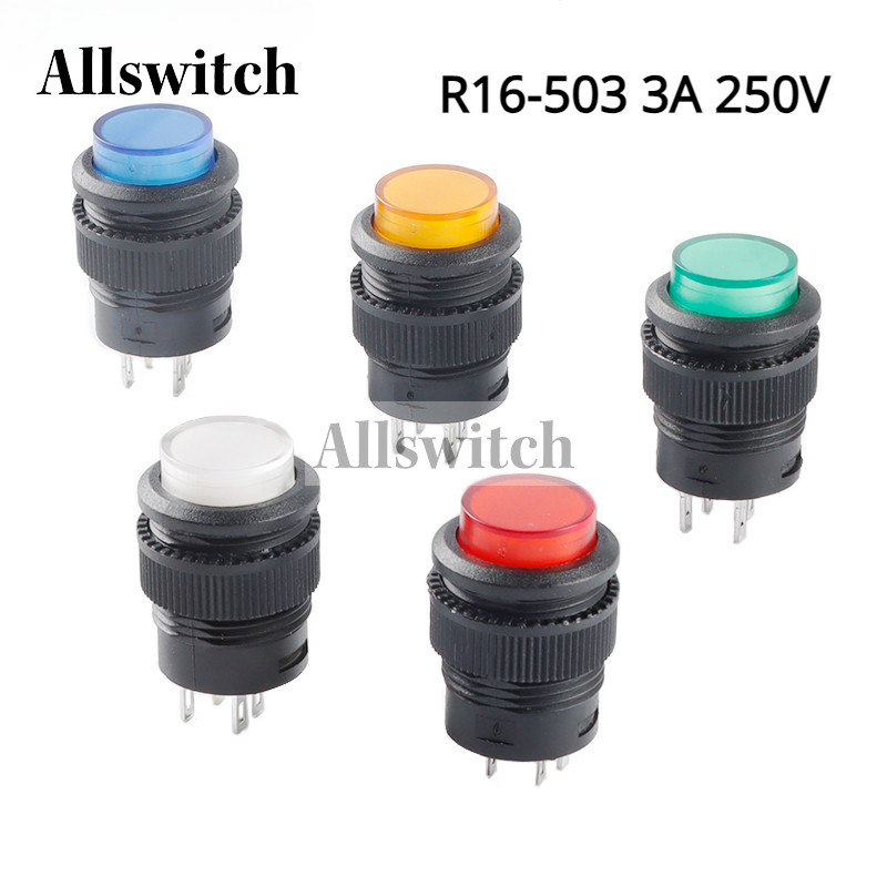 R16 ปุ่มสวิทช์ R16-503 3A 250VAC สีฟ้าสีเหลืองสีขาว LED R16-503B R16-503A Latching รีเซ็ตปุ่ม 2P 4P 
