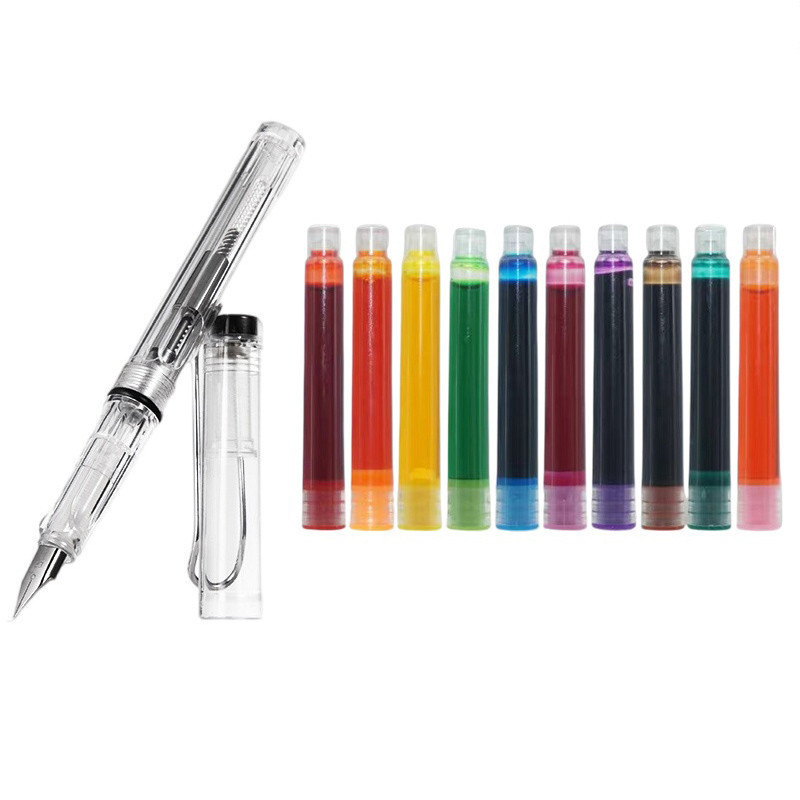 1 ปากกาหมึกซึม +10 ชุดเติม 10 สี 0.5 มม. เช่น ปลายปากกา ใสเติมปากกาหมึกซึมชุดที่มีอยู่สีดําสีฟ้าสีแดงนักเรียนโรงเรียนสํานักงานเครื่องเขียนอุปทาน