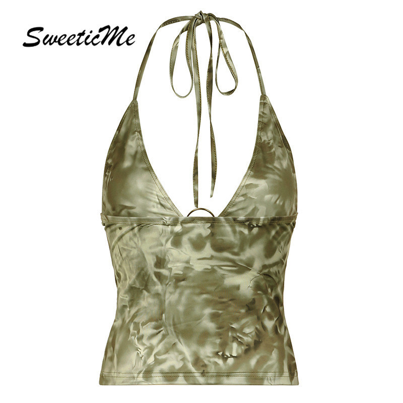 Sweeticme ผู ้ หญิง 2024 ใหม ่ แฟชั ่ นเซ ็ กซี ่ Halter Retro พิมพ ์ Hollow Tie Dye Tank Tops Camisole