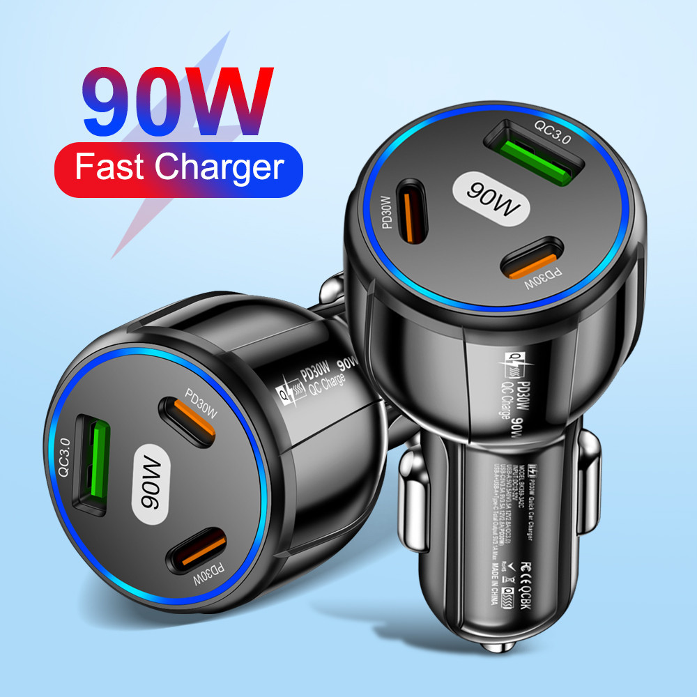 รถ 90W Fast Charger 3 พอร์ต PD USB รถชาร์จโทรศัพท์มือถือ Type-C Adapter Quick Charger