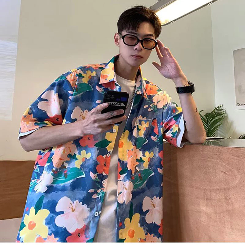 Hanlu เสื้อเชิ้ตแขนสั้น ลายดอกไม้ หลวม สำหรับคู่รัก thumbnail 7