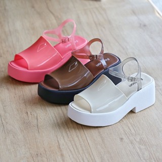 รองเท้าส้นตึก หนังแก้ว สายรัดข้อเท้า ดีไซน์เปิดปลายเท้า สไตล…