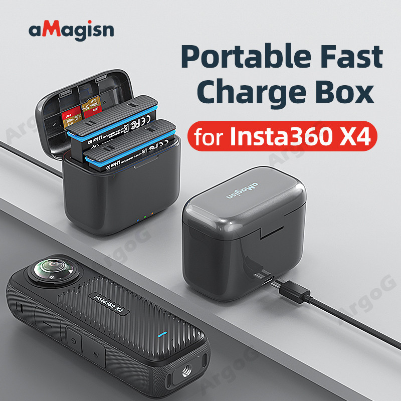 Amagisn แบบพกพาแบตเตอรี ่ ชาร ์ จสําหรับ Insta360 X4 แบตเตอรี ่ Fast Charger 2 ช ่ องแบตเตอรี ่ ชาร ์ จสถานี Misro SD ช ่ องเสียบการ ์ ด Insta360 X4 อุปกรณ ์ เสริม