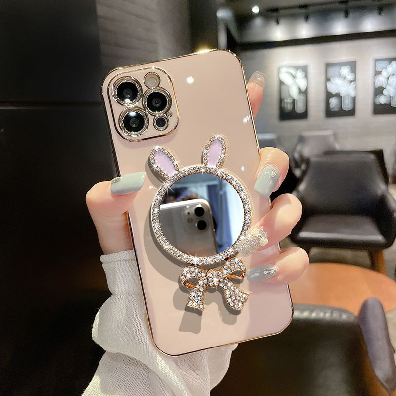 สําหรับ IPhone 11 12 13 14 15Pro Max Drop Resistance IPhoneX XR IPhone XS Max IPhone 7 Plus 8 Plus Soft IPhone 14 15 Pro กระจกกระต่ายหูเคสโทรศัพท์ IPhone 12 Pro Max