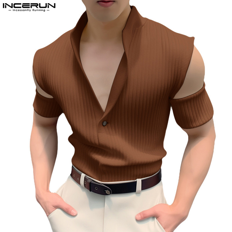 Incerun เสื ้ อยืดแขนสั ้ นผู ้ ชายเกาหลีลําลองคอปกสีทึบ