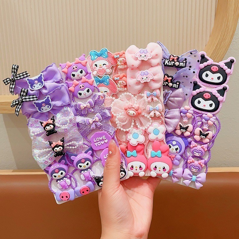 18 ชิ้น Sanrio Kuromi Melody Cinnamoroll เด็กหวานและน่ารักผ้าอุปกรณ์เสริมผมสาวน้อยพร้อมคลิปด้านข้างกิ๊บติดผมเด็ก Headwear