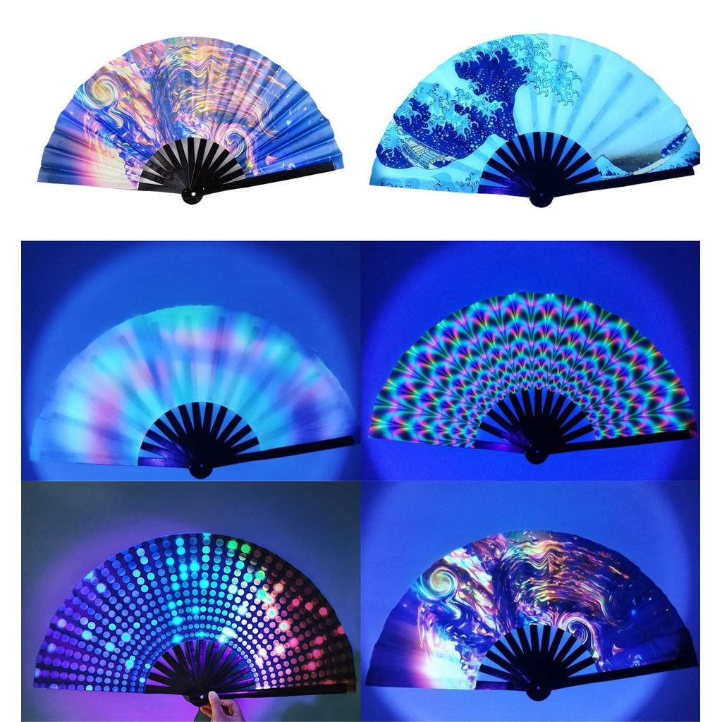 33 ซม.ขนาดใหญ ่ พับมือ Rave พัดลม UV เรืองแสง Chinease/ญี ่ ปุ ่ นไล ่ ระดับสีสันสะท ้ อนแสงพัดลมพับเพลงเทศกาลเต ้ นรําแฟน