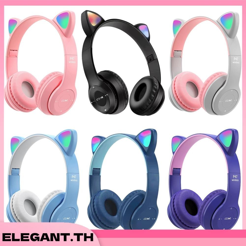 P47M ชุดหูฟังบลูทูธไร้สาย รูปหูแมวน่ารัก เรืองแสง สําหรับนักเรียนหญิง