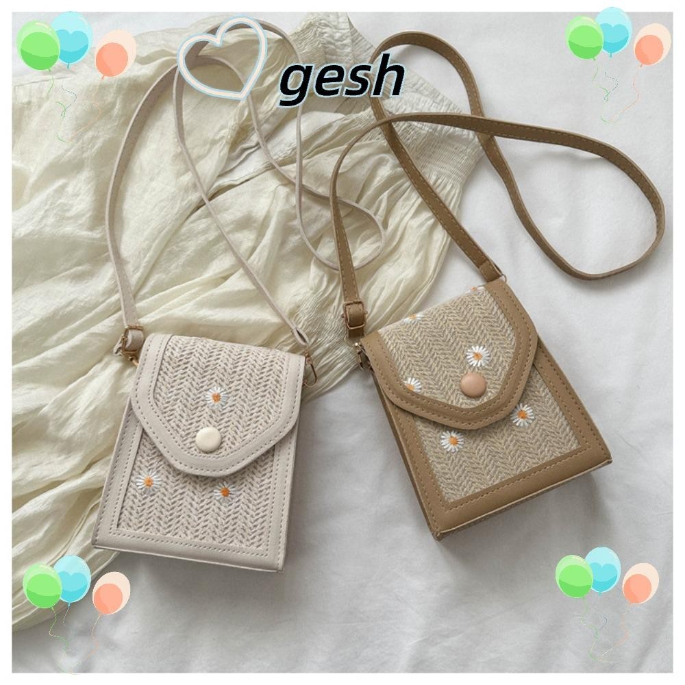 Gesh1 Straw Plaited Phone Bag, Dacron Little Daisy Embroidery Bag, Straw Shoulder Crossbody Bag