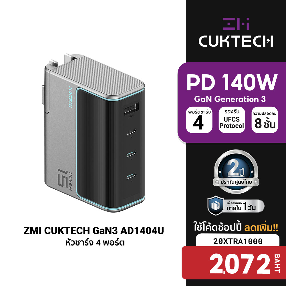 [2072 โค้ด 20XTRA1000] ZMI CUKTECH GaN3 AD1404U 140W จ่ายไฟเร็ว 4 พอร์ต 3x USB-C / 1x USB-A รองรับ PD3.1,PPS,QC-2Y