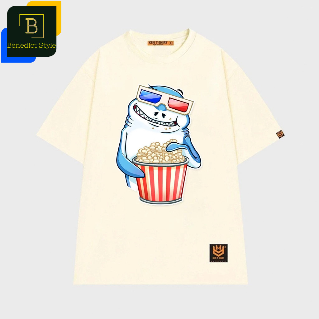 【Fashion】เสื ้ อยืด unisex รูปฉลามไปป ๊ อปคอร ์ นการ ์ ตูน Shark เสื ้ อ BND333