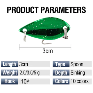 10 สี 3 ซม./2.5g/3.5g/5g ช้อนเหยื่อ Hard Fishing Lures Sinking ช้อนโลหะ Jigging Lures เหยื่อตกปลาเหยื่อปลอมสําหรับปลาเทราท์เบส