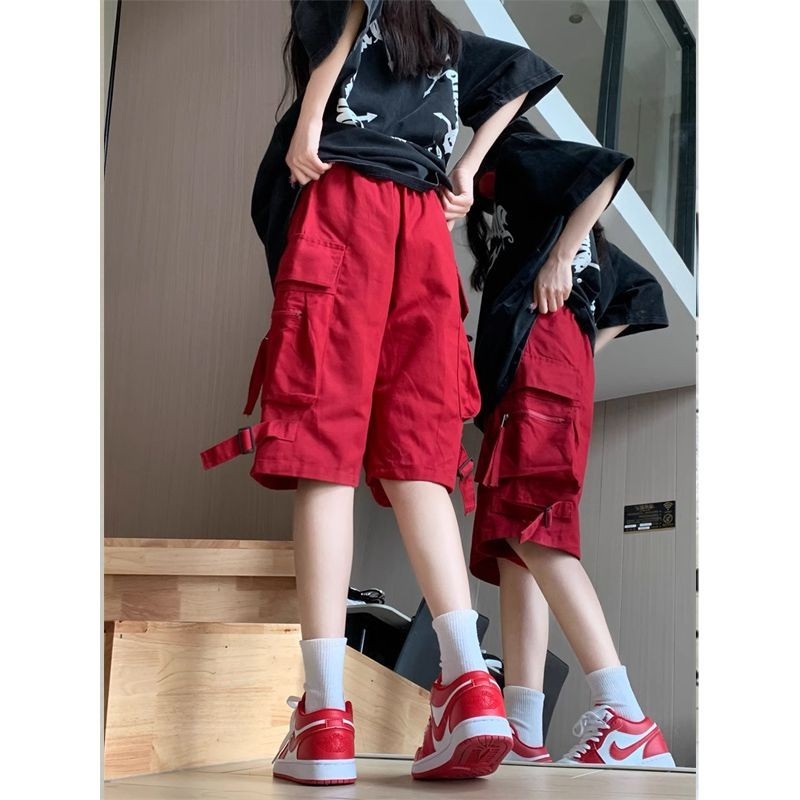 American high street hiphop กางเกงขาสั้นคาร์โก้สีแดงสําหรับผู้ชายและผู้หญิง hip-hop แบรนด์อินเทรนด์กีฬาและ casuaBeauty式 high Rade hiphop สีแดงสี Runkes sports♣5.16