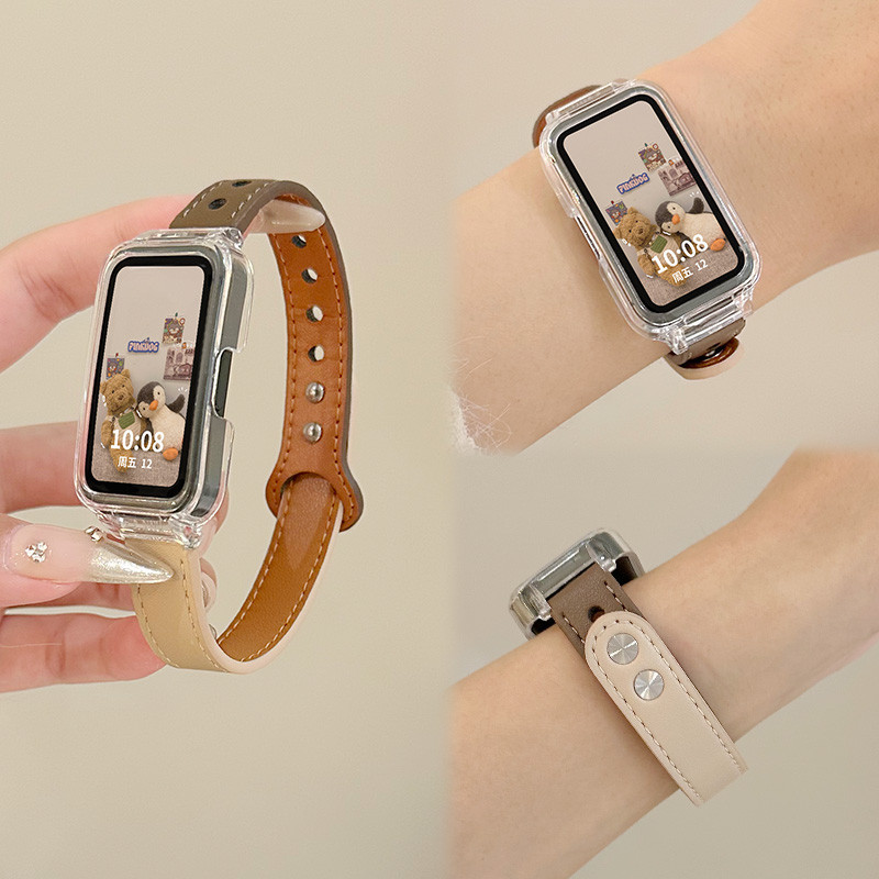 สาวหนังแท ้ สร ้ อยข ้ อมือสําหรับ Huawei Band 9 Band 8 Smartwatch Band Clear Case Huawei Band 6 7 สายนาฬิกาทดแทน
