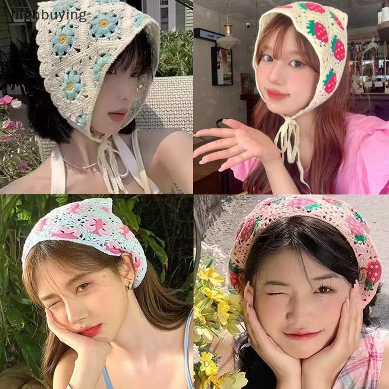 [ซื้อสูง] ผ้าพันคอสามเหลี่ยมถักฝรั่งเศสผู้หญิง Hollow ดอกไม้เกาหลีผมวง Turban Headwarp เครื่องประดับผมแฟชั่นสต็อกใหม่