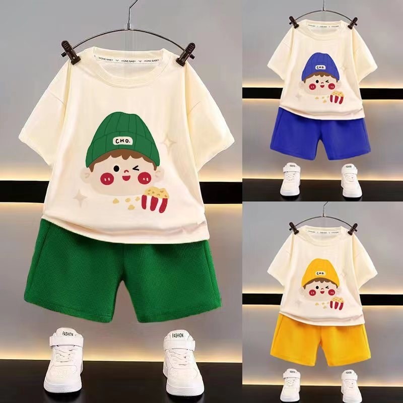 ชุดเซ็ทเด็ก คอลเลกชันฤดูร้อน เสื้อแขนสั้น กางเกงขาสั้น ดีไซน์ ลายการ์ตูน น่ารักๆ