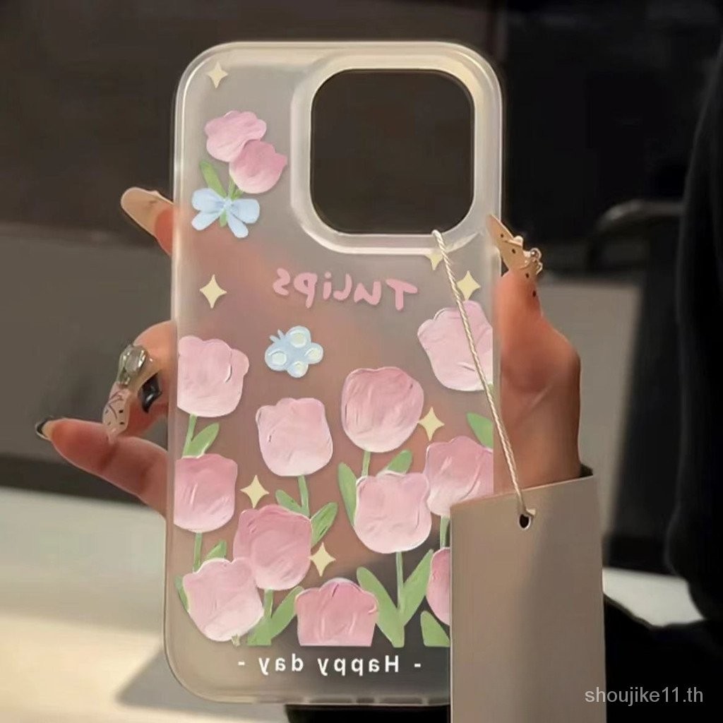 Ins Smudge Powder ทิวลิปดอกไม ้ iPhone14promax Apple 15pro เคสโทรศัพท ์ 13/12/11 เคสนุ ่ มผิวรู ้ สึก Frosted VGXT
