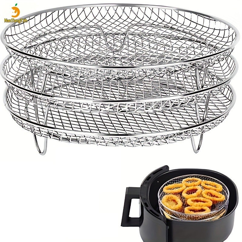 3 ชั้น Air Fryer Racks สแตนเลสสแควร์ Air Fryer ตะกร้าถาด Stackable Dehydrator ชั้นวาง Air Fryer อุปกรณ์เสริม Fit ห้องครัว