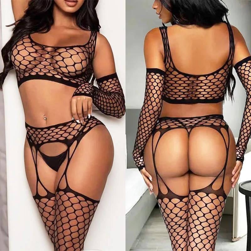ชุดชั้นในเซ็กซี่ผู้หญิง Crotchless Bodystockings Fishnet Body ชุดชั้นในเปิดเป้าบอดี้สูทเร้าอารมณ์ Striper เครื่องแต่งกายโป๊เพศชุด