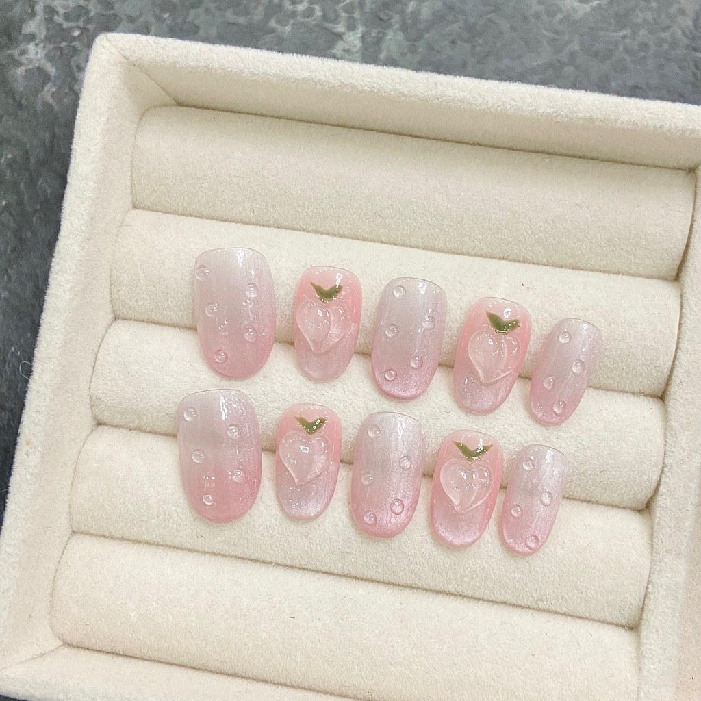 HANDMADEArtificial Nail Icy Peach Pure Desire Blush Girly Pink Short Style Phototherapy Nails เล็บปลอม เล็บนํากลับมาใช้ใหม่และถอดได้