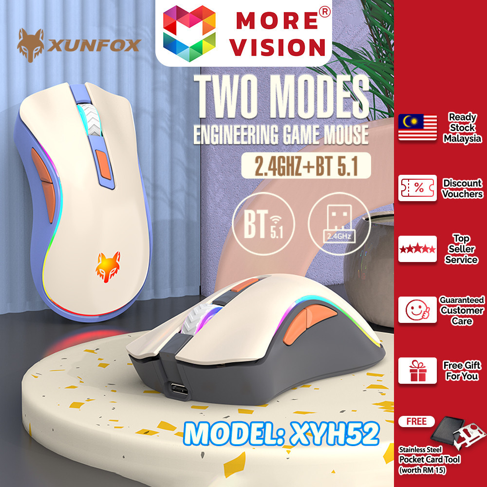 XUNFOX XYH52 เมาส์ไร้สาย Dual Mode 2.4G บลูทูธ RGB ไฟ LED ตัวรับสัญญาณ USB Gaming 3 DPI ความเร็วชาร์