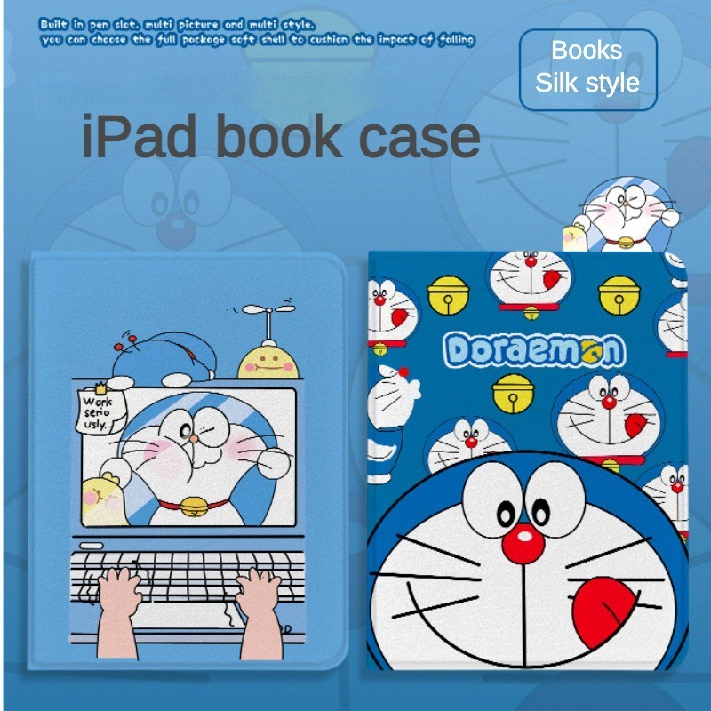 เคส iPad พร้อมช่องเสียบปากกาสําหรับ iPad Air4 Air5 10.2 นิ้ว Gen10 5th 6th Air 3 Mini4 5 2018 คอมพิวเตอร์สร้างสรรค์น่ารักโดราเอมอนผ้าไหมวัสดุ iPad Pro 11 ฝาครอบ