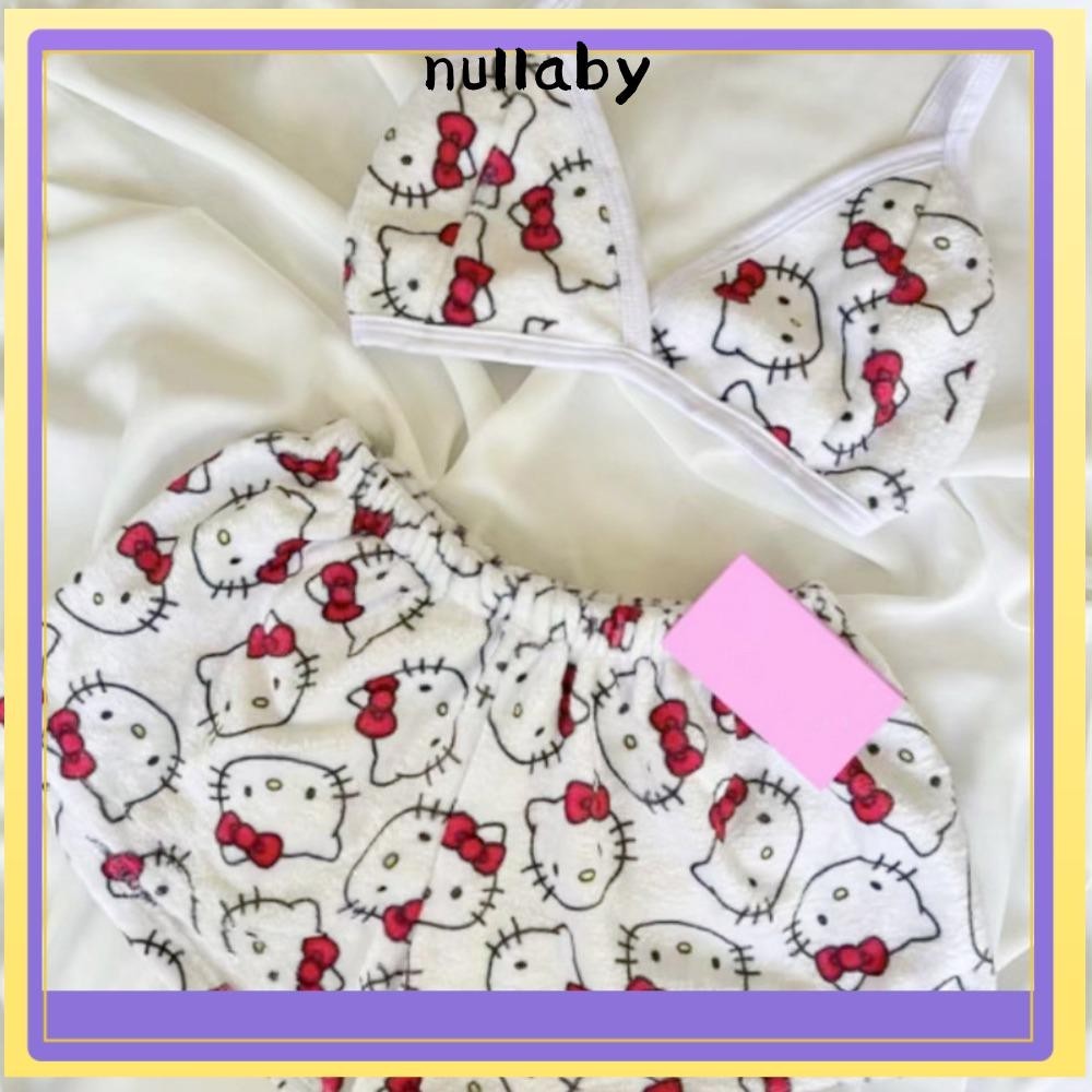 Nullaby ชุดนอนสุภาพสตรีหลวม, Hello Kitty ชุดอยู่บ้านสองชิ้น, สบาย Kawaii การ์ตูน Sanrio Beachwear สําหรับผู้หญิง