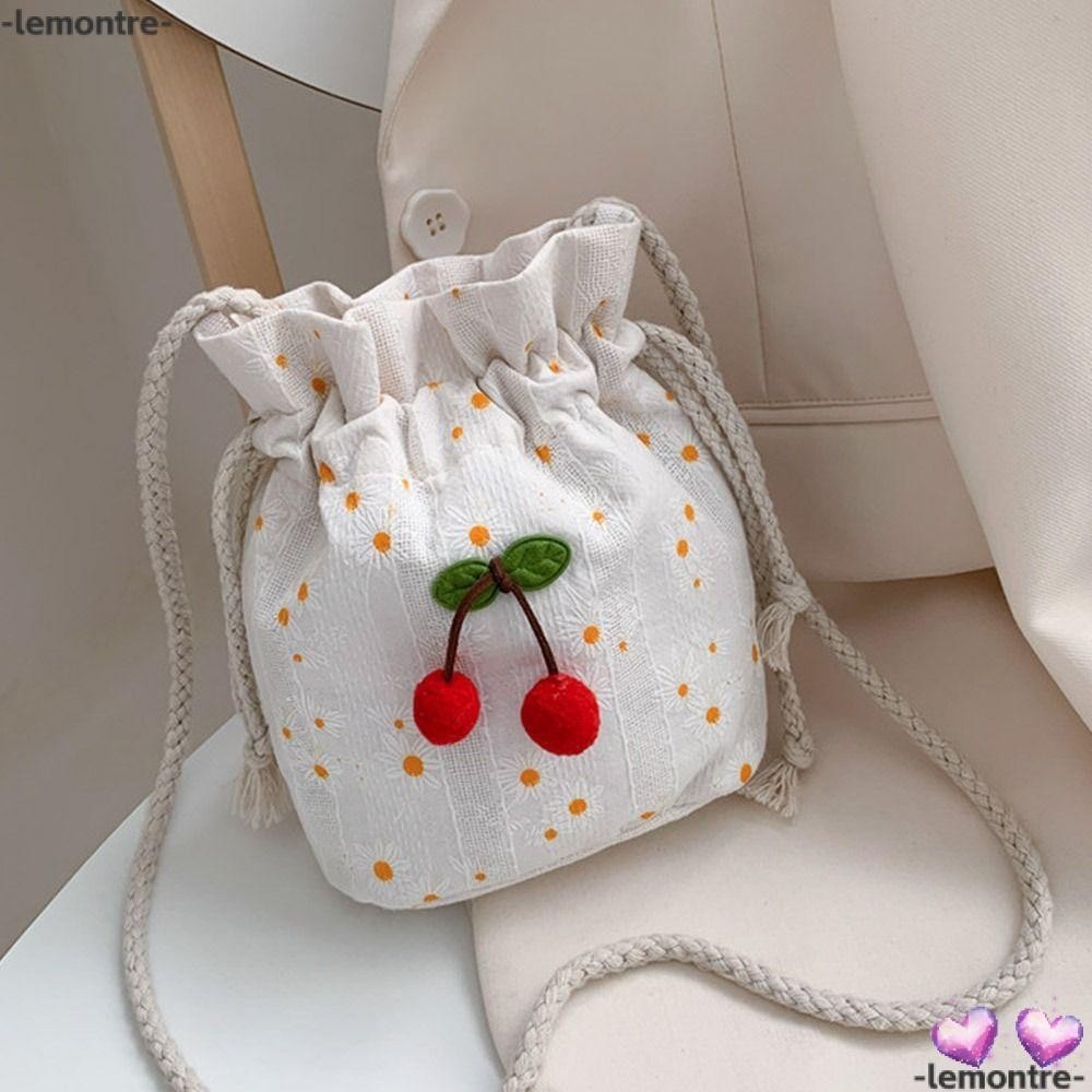 Lemontre กระเป๋าทรงบักเก็ต ผ้าแคนวาส ลายเชอร์รี่ ลําลอง สําหรับผู้หญิง