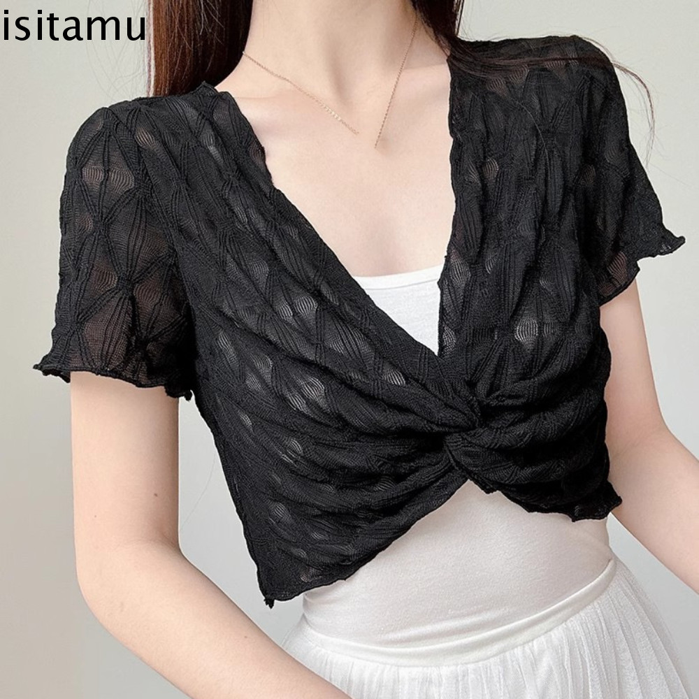 Isitaft เสื้อลูกไม้แบบสวม, ตาข่ายคอวีกลวงออกเสื้อครอป, แฟชั่นลายทางแขนสั้นดูผ่านผ้าคลุมไหล่ป้องกันแสงแดดเสื้อยืดวันหยุด