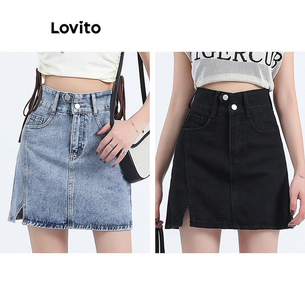 Lovito กระโปรงยีนส์ผู้หญิง มีซิป กระเป๋า สีพื้น สไตล์ลำลอง LNE52299