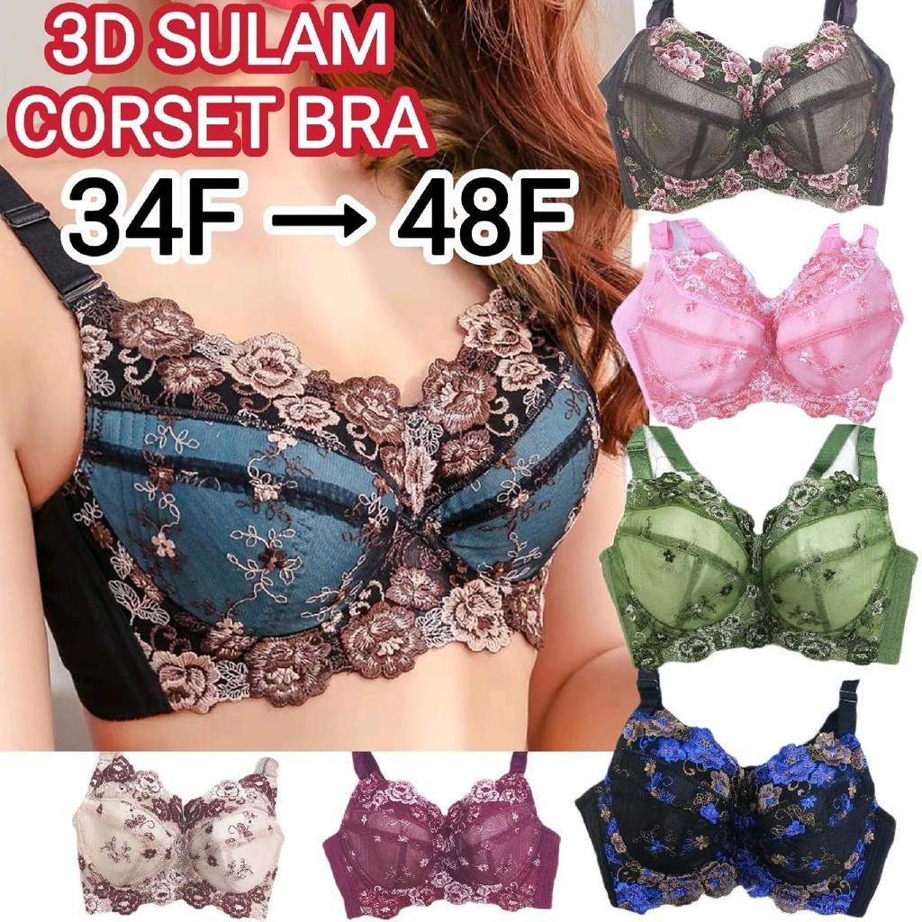 Corset F cup 34 ถึง 48 saiz 3D-sulam bra plus saiz , super big นุ่มเนียน baju dalam Floral Lace full
