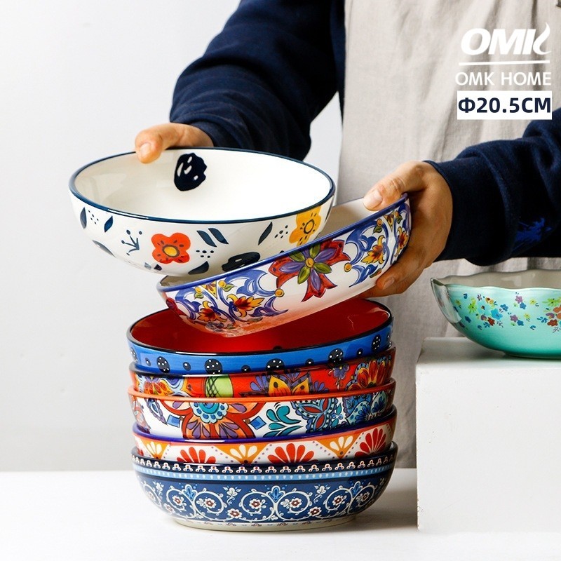 Omk เซรามิกสไตล์อเมริกัน จานสลัด Underglaze จานลึก จานสปาเก็ตตี้ จานซุปทาสีด้วยมือ
