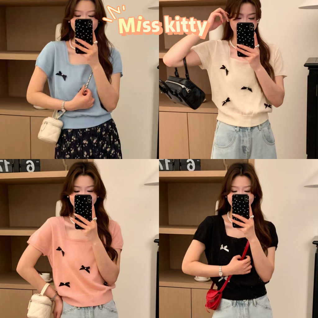 Miss Kitty จัดส่งที่รวดเร็ว ฟรีไซส์ เสื้อยืดไหมพรมแขนสั้น คอกลม ดีเทลติดโบว์ด้านหน้า "E339"