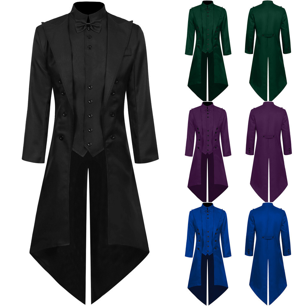 ผู้ชาย Gothic Steampunk ยาว Victorian Frock Coat Retro Tailcoat ชุด Bowtie Jacket