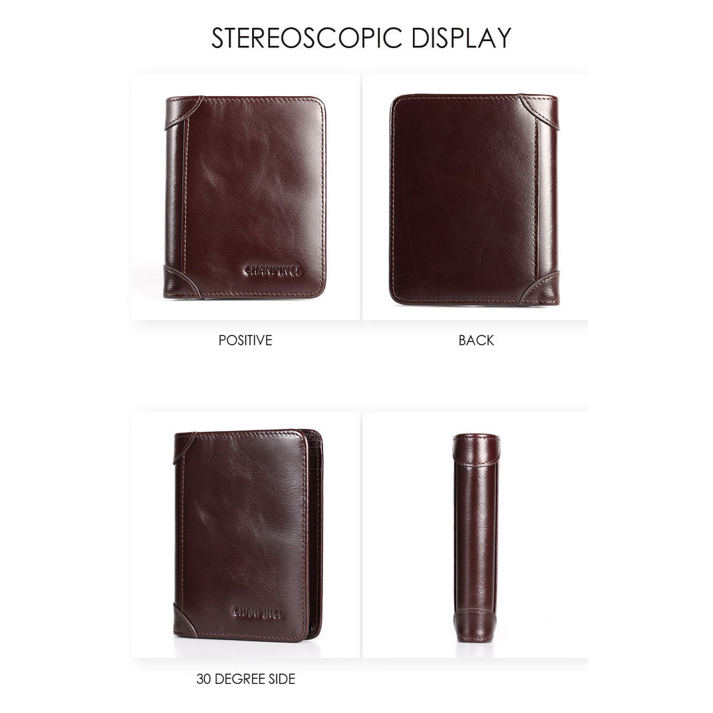 หนังวัวแท้ CHANPINCL แบรนด์ขายร้อนกระเป๋าสตางค์ผู้ชายหรูหราสั้น Trifold First Layer Cowhide ผู้ถือบัตรคลาสสิก RFID Blocking กระเป๋าชายธุรกิจแนวตั้งแฟชั่น