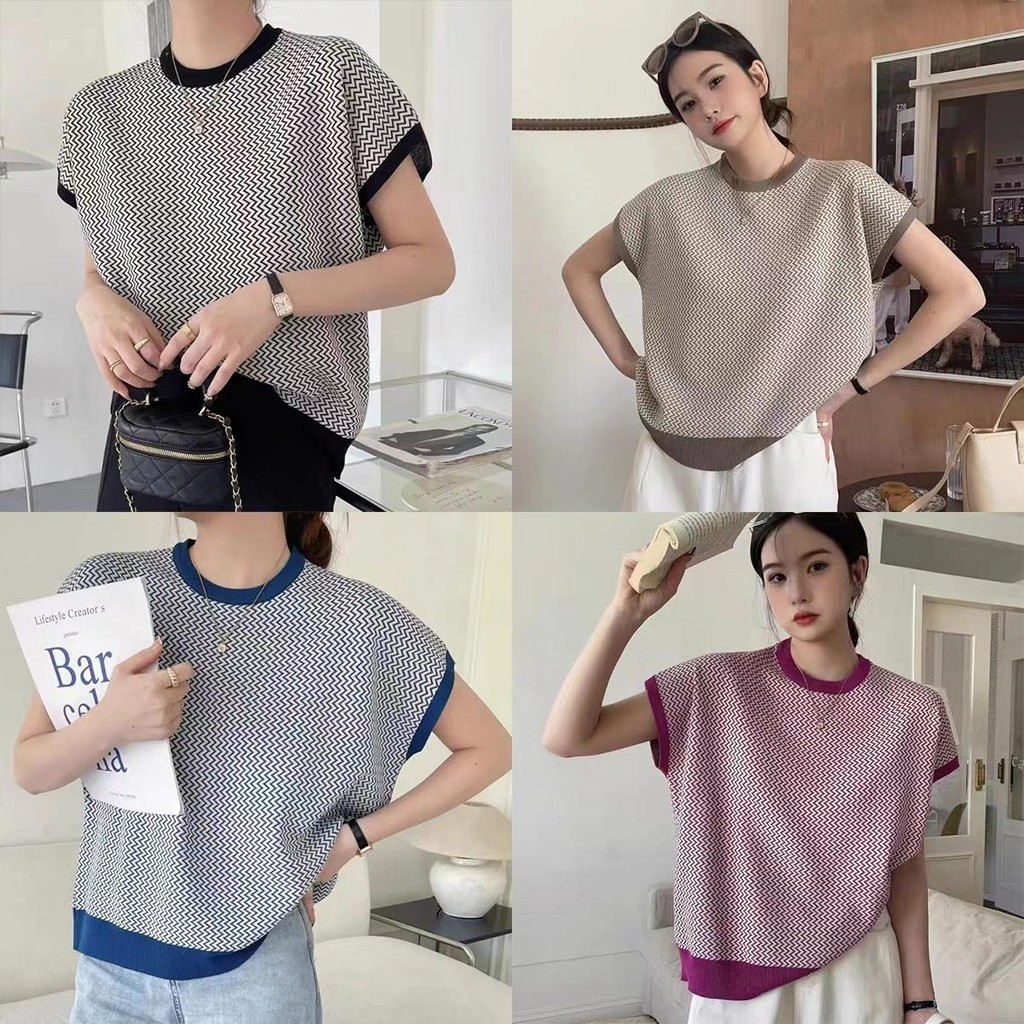 FAY.เสื้อยืดไหมพรมแขนสั้น คอกลมลายเรขาคณิต มี6สีไห้เลือก ผ้านุ่มใส่สบาย แฟชั่นสไตล์เกาหลี รุ่นA122