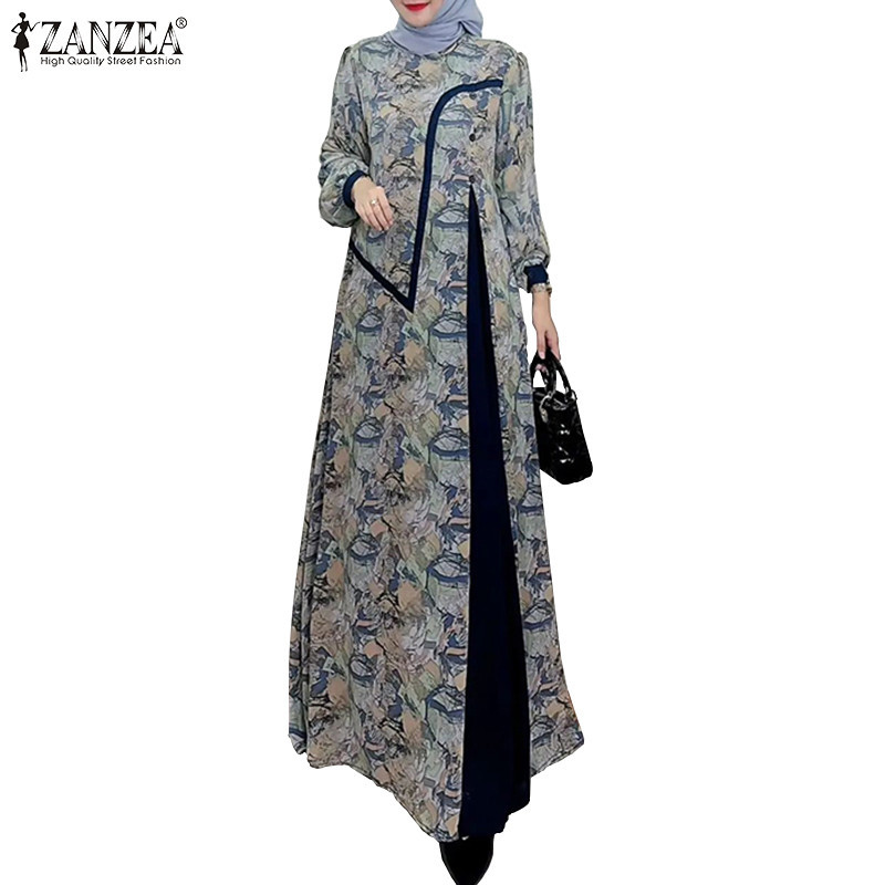 ZANZEA ซานเซีย ผู้หญิงมุสลิมรอบคอพิมพ์ การเย็บปะติดปะต่อกัน แขนโคมไฟชุดหลวม